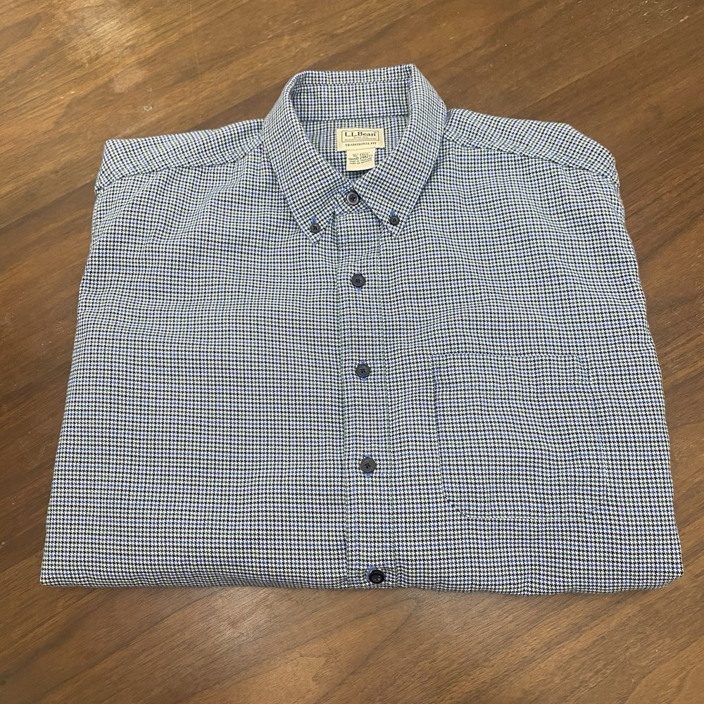 LL Bean Shirt Mens XLT Green Blue Wicked Vintage Flannel Houndstooth Workwear